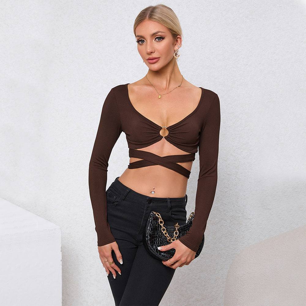 Seductive Slim-Fit Cutout Long Sleeve Crop Top for Women    