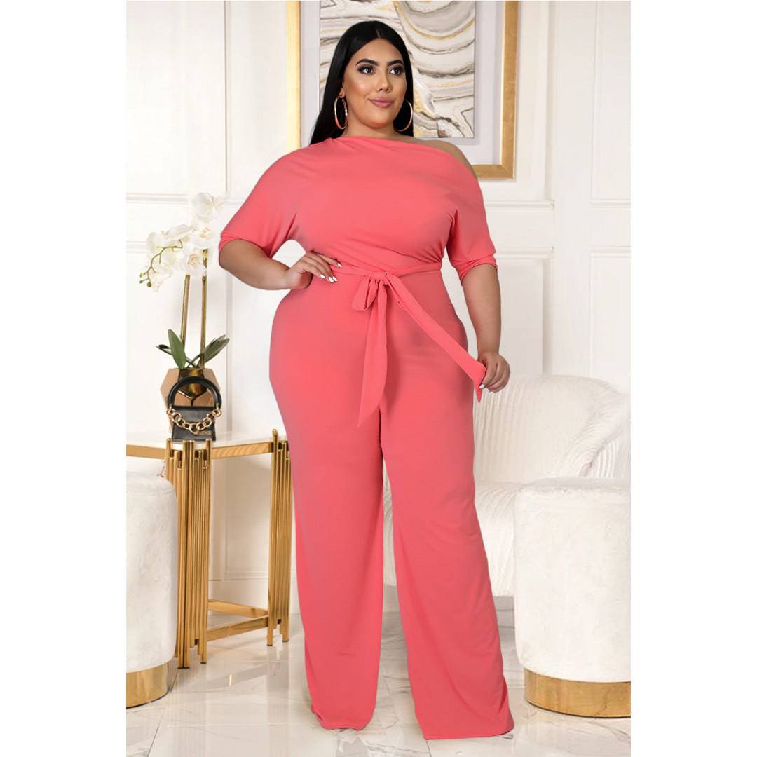 Trendy Plus Size Lace-Up Horn Jumpsuit for Women with Oblique Shoulder Design    