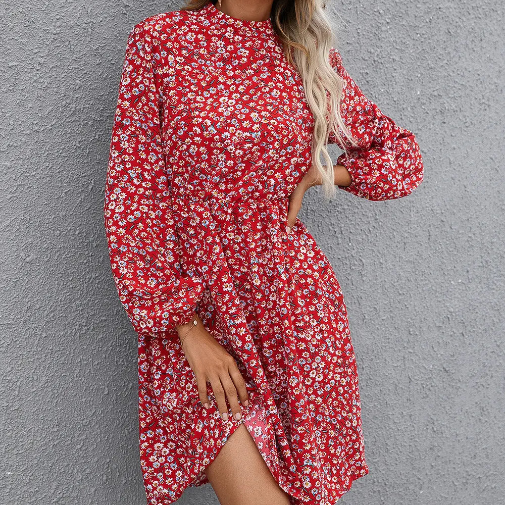 Elegant Floral A-Line Dress for Women with High Neck and Long Sleeves    