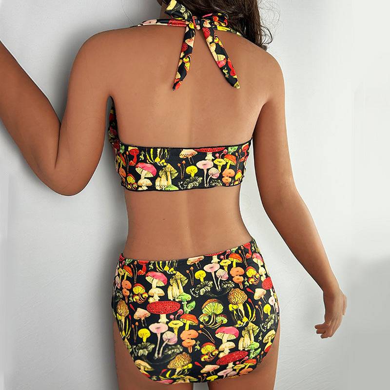 Stylish Backless Printed Swimsuit with Lace-Up Halter for Women    