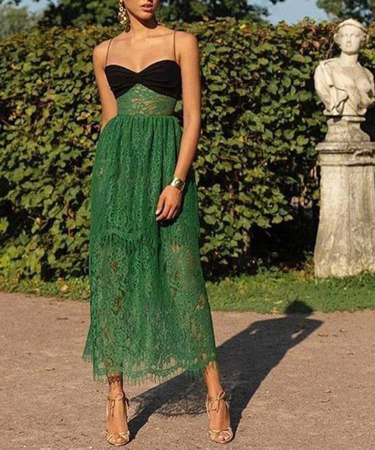 Green Lace Maxi Dress with Suspenders    