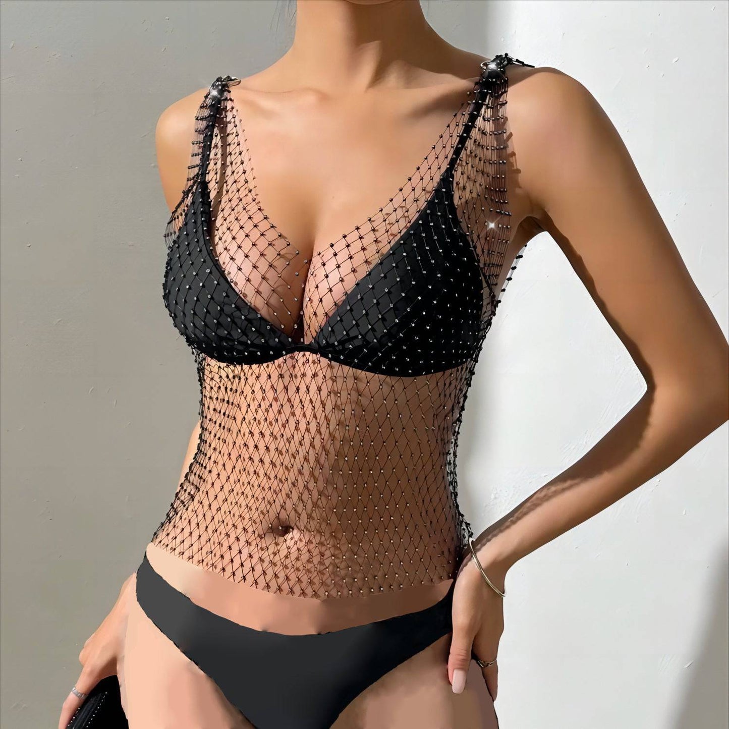 Mesh Rhinestone Fishnet Vest Top Sexy Sexy Sling Mesh Rhinestone V Neck Vest    