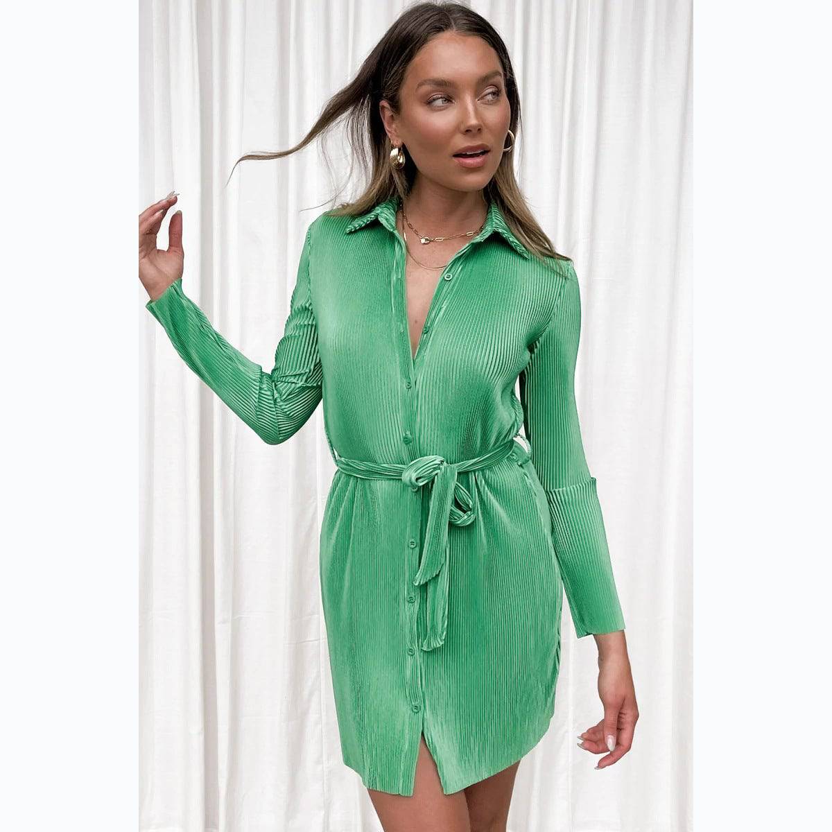 Spring and Summer Pleated Shirt Dress with Belted Waist    