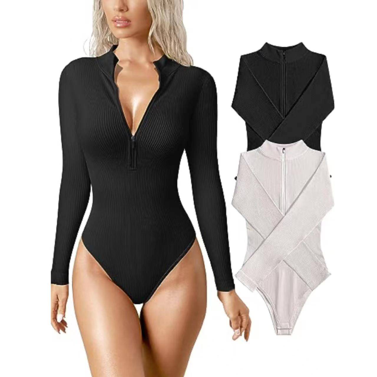 Long Sleeved Jumpsuit Sexy Ribbed One Piece Front Long Sleeve Zipper Top Jumpsuit    