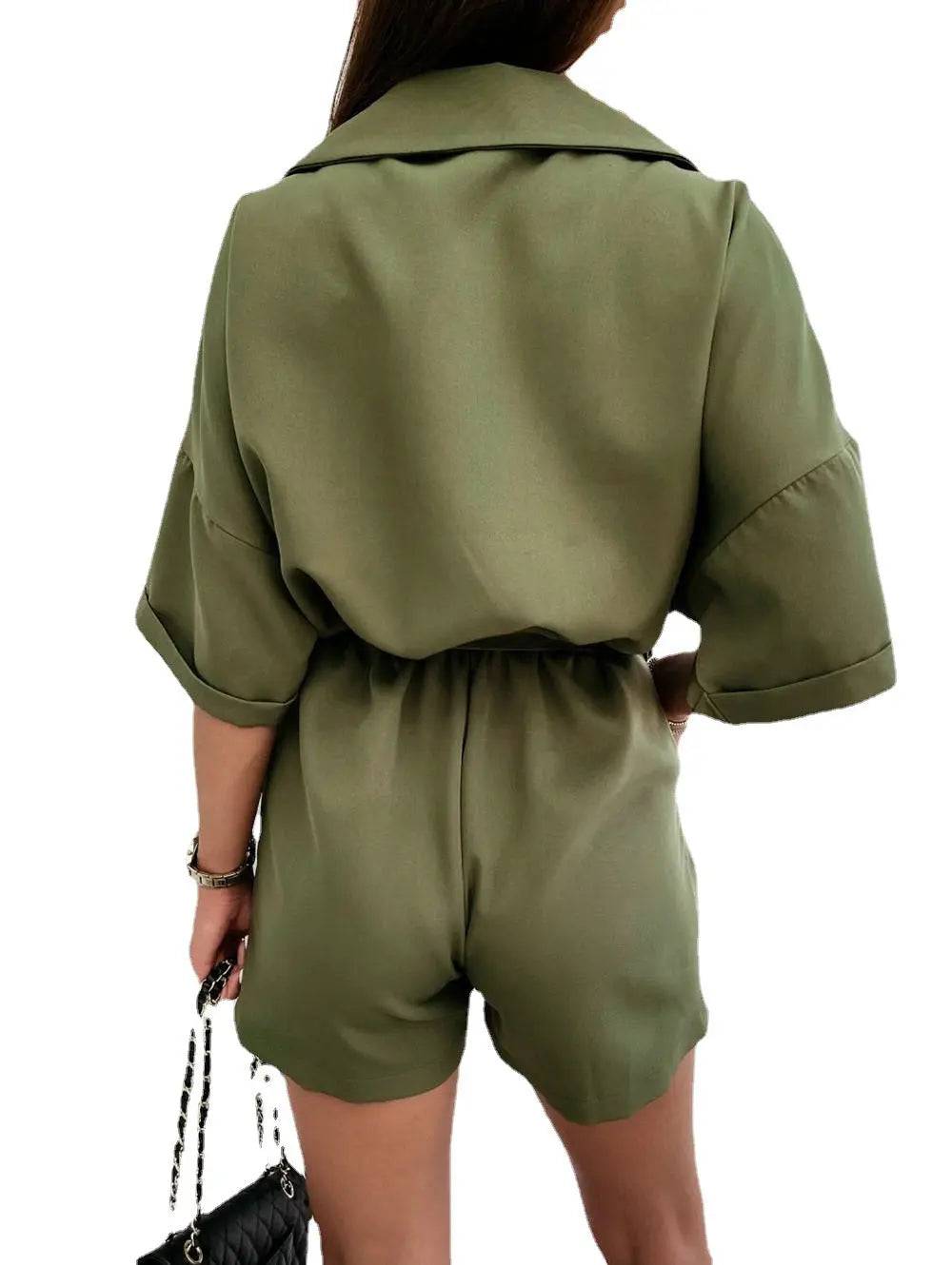 Flirty Collared Batwing Sleeve Romper with Belt for Women's Summer Wear    