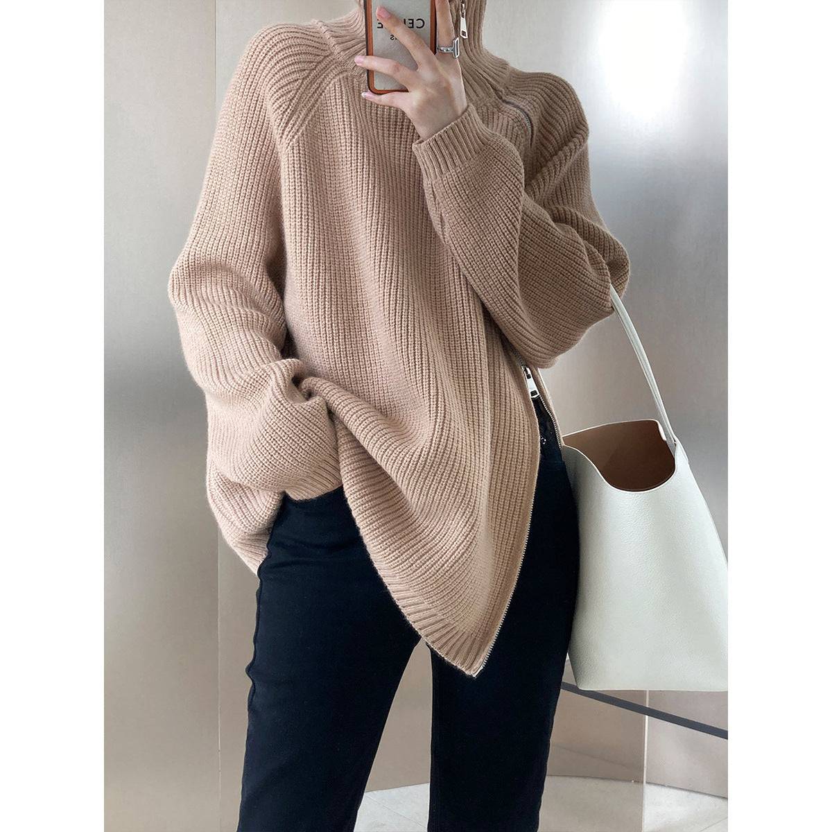 Lazy Casual Double Headed Zipper Turtleneck Sweater for Women    