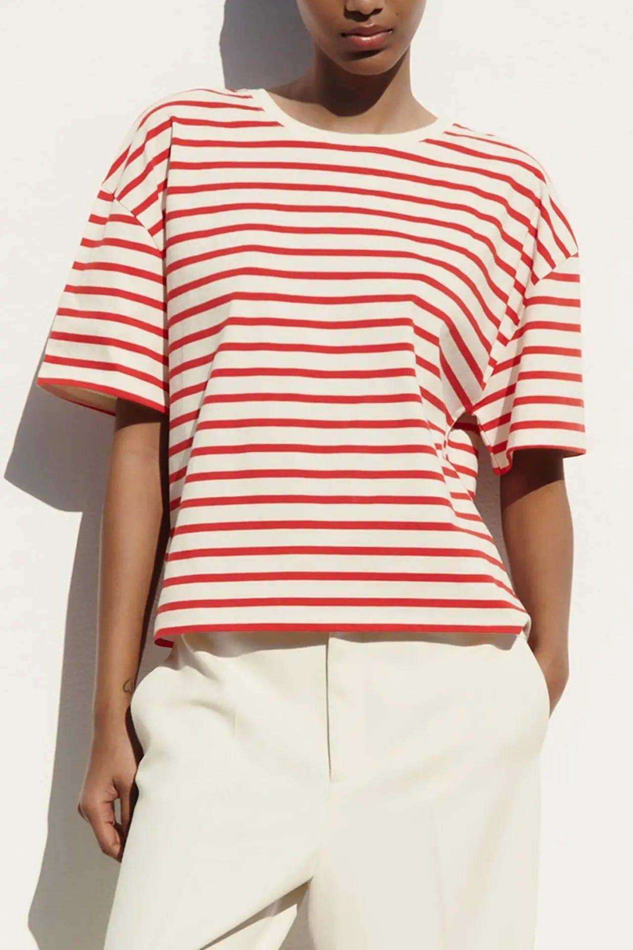 Red and White Striped Loose Fit Vacation T-shirt for Women    