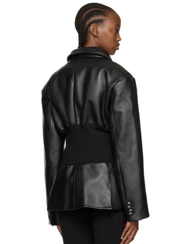 Niche Design Model Faux Leather Jacket Patchwork Knitted Super Tight Waist Contour    