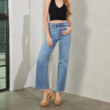 High-Rise Frayed Hem Straight Leg Denim Pants for Women    