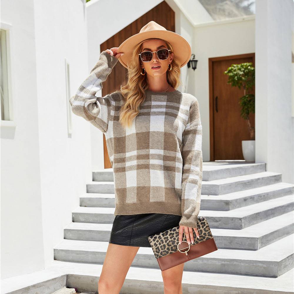 Plaid Knit Pullover for Women    