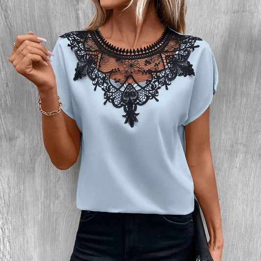 Colorful Lace Patchwork Round Neck Summer Top for Women    