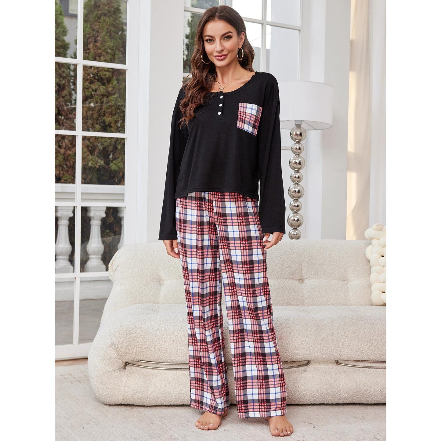 Ladies Home Casual Autumn Winter Casual Plaid Trousers Long Sleeved Pajamas Women    