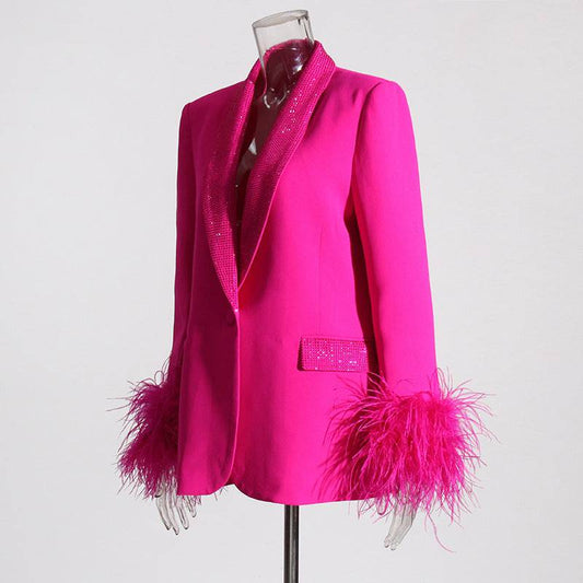 Sophisticated Autumn Blazer with Feather and Rhinestone Embellishments    