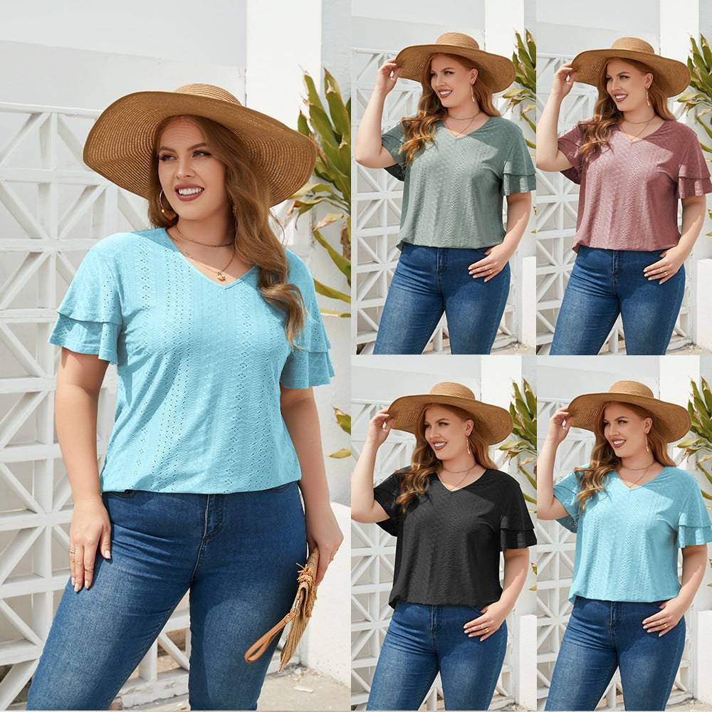 Summertime V-Neck Polyester T-Shirt for Plus Size Ladies    