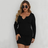 Curve-Embracing Plus Size Knitted Dress with Threaded Long Sleeves    