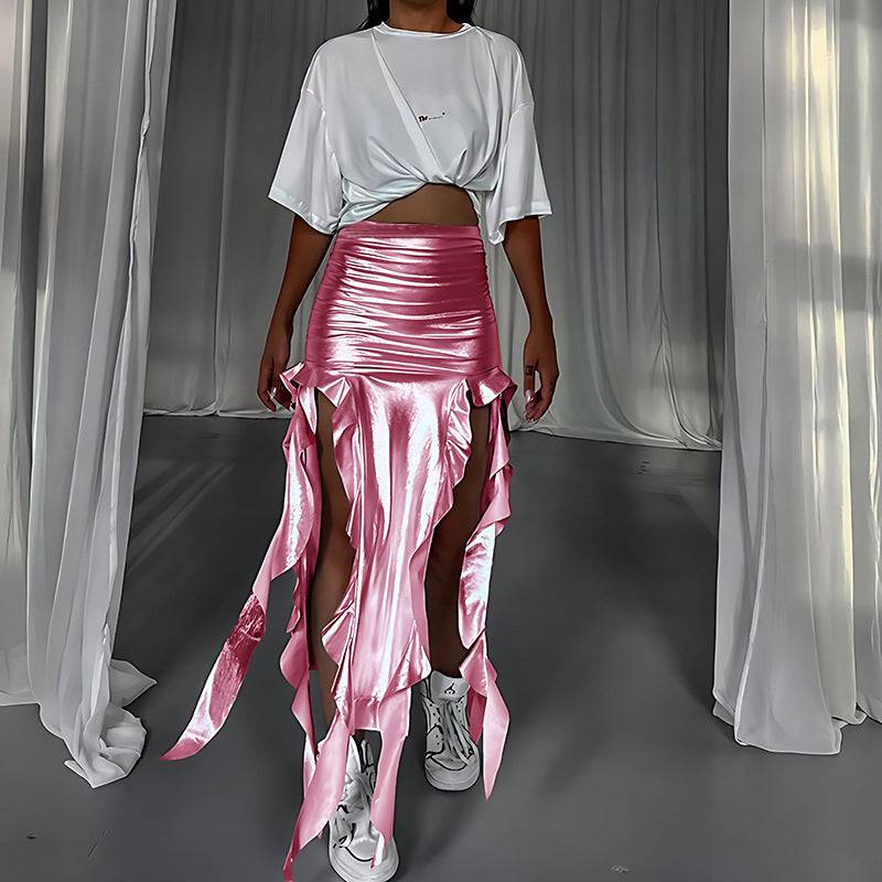 Reflective Metallic Fishtail Skirt with Tassel Accents    