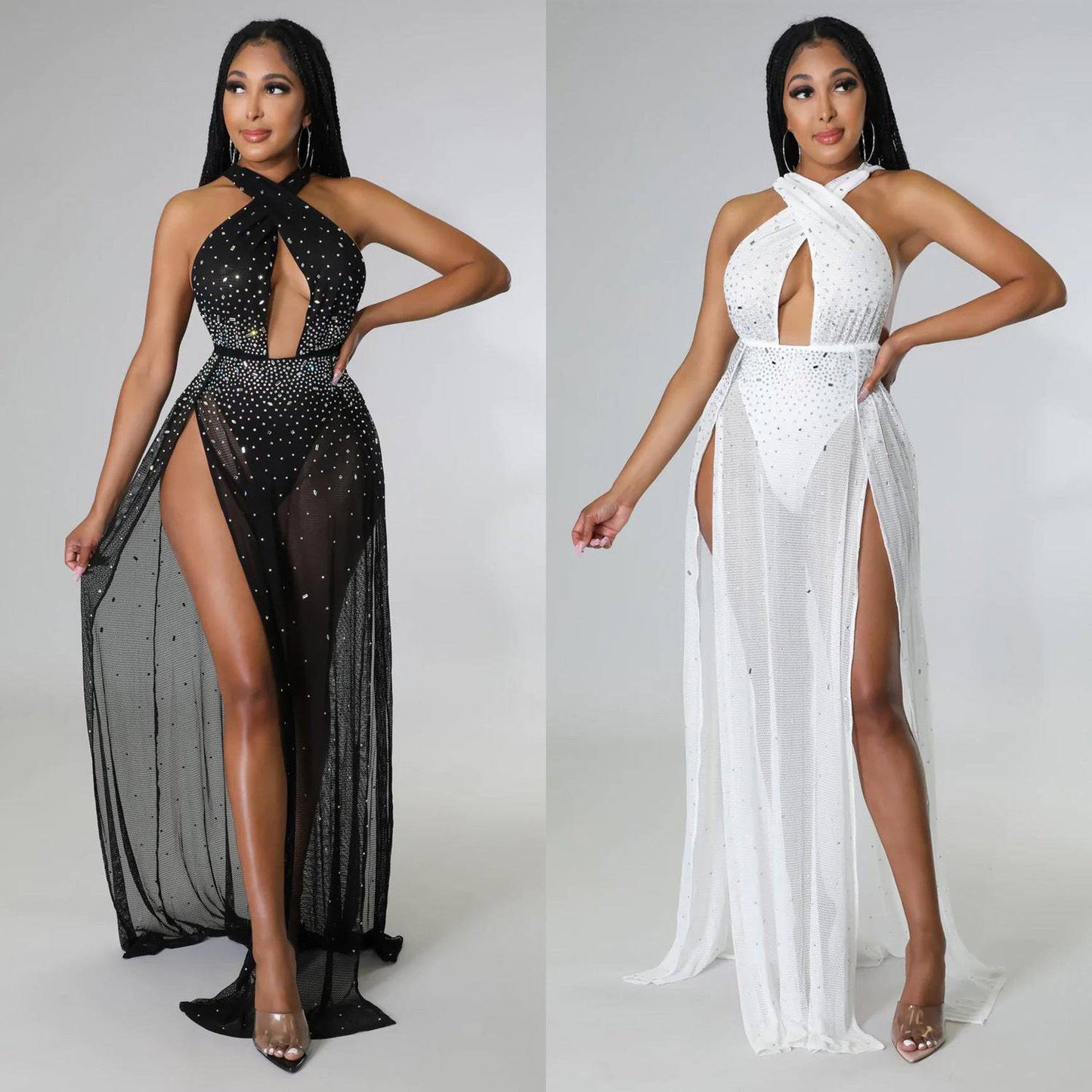 Seductive Rhinestone Embellished Mesh Maxi Dress for Autumn/Winter    