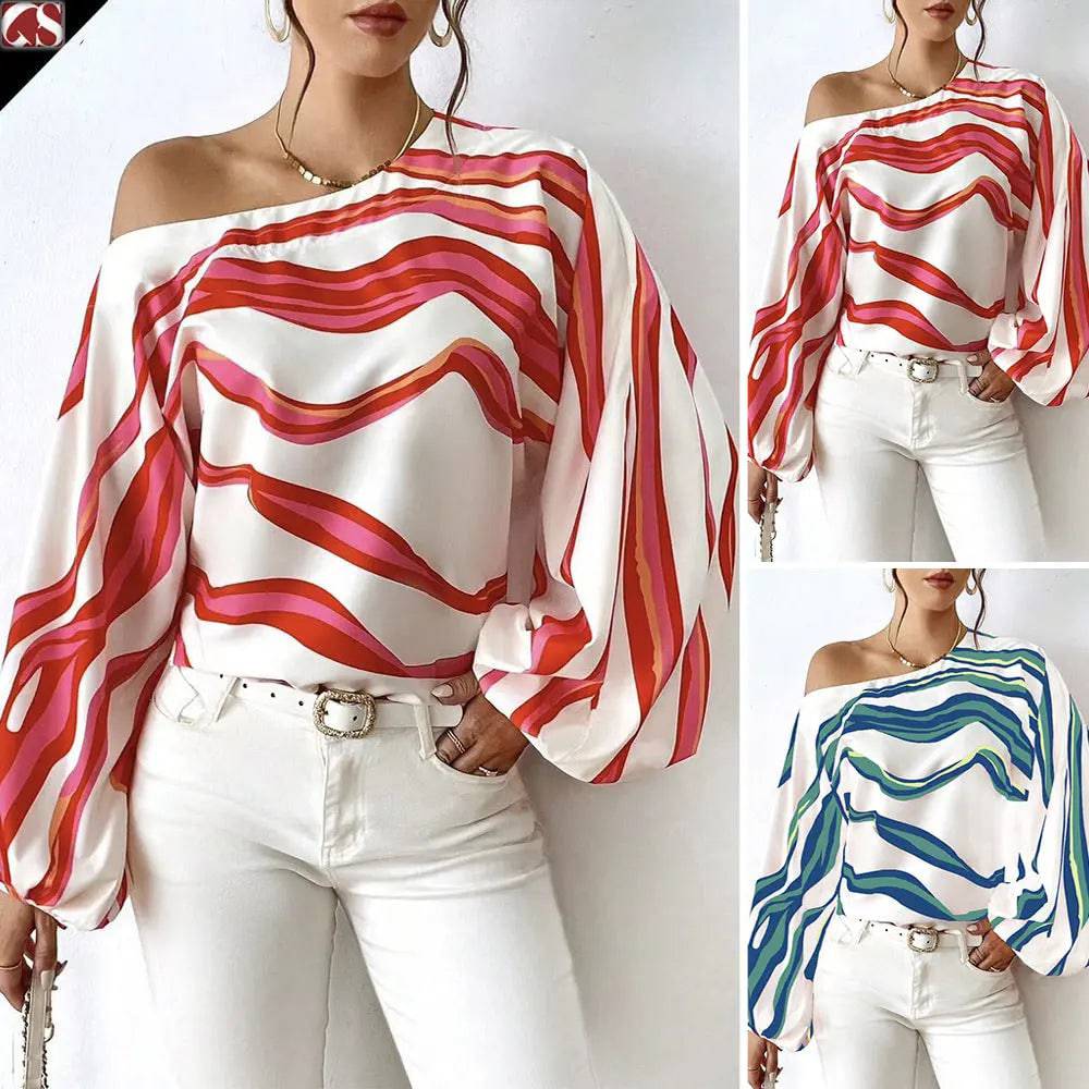 Elegant Printed Off-Shoulder Women's Shirt for Spring and Summer    