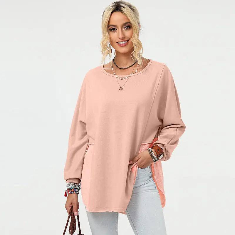 Frayed Asymmetric Long-Sleeved Top for Women in Solid Color    