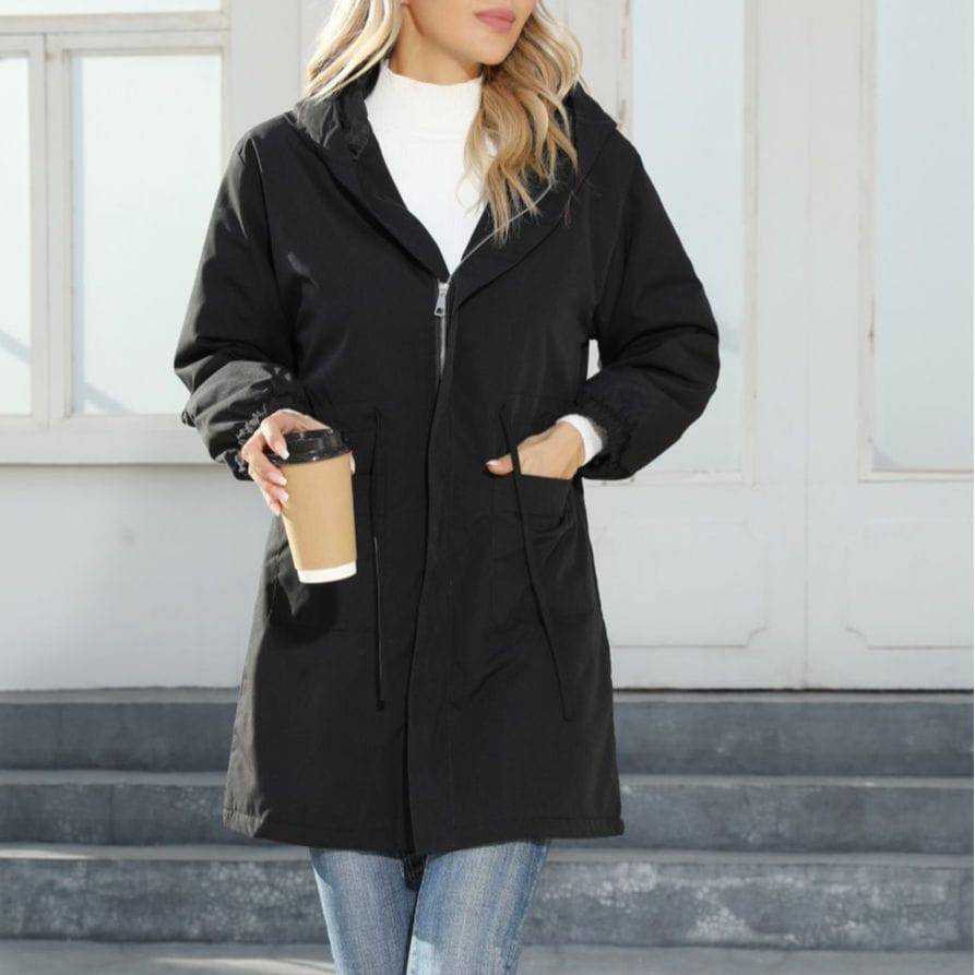 Stylish Women's Mid-Length Hooded Fleece Trench Coat for Spring and Autumn    