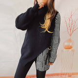 Retro Houndstooth Asymmetric Pullover Sweater with Black and White Stitching    