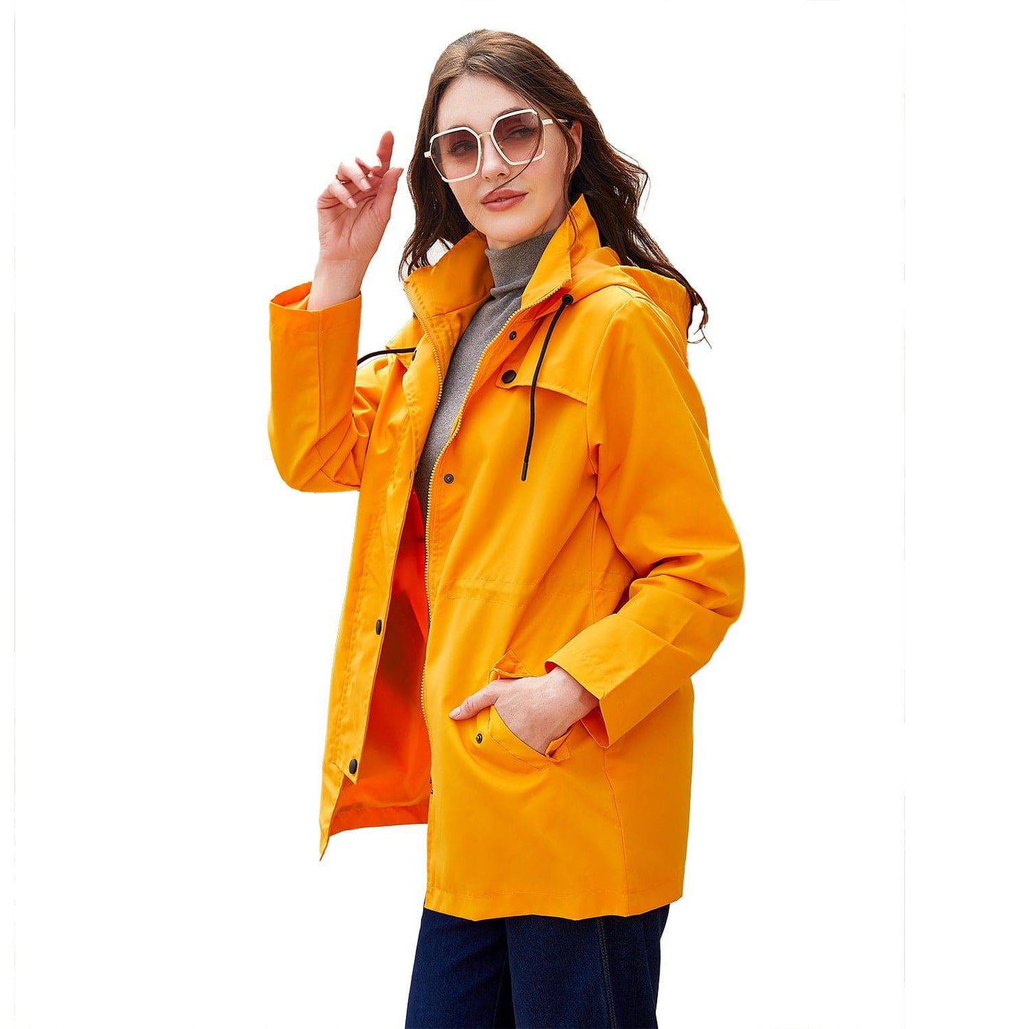 Mid-Length Hooded Nylon Windbreaker Raincoat for Women    