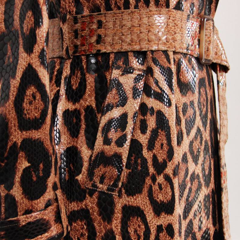 Goddess-Inspired Snakeskin Leopard Print Long Trench Coat    