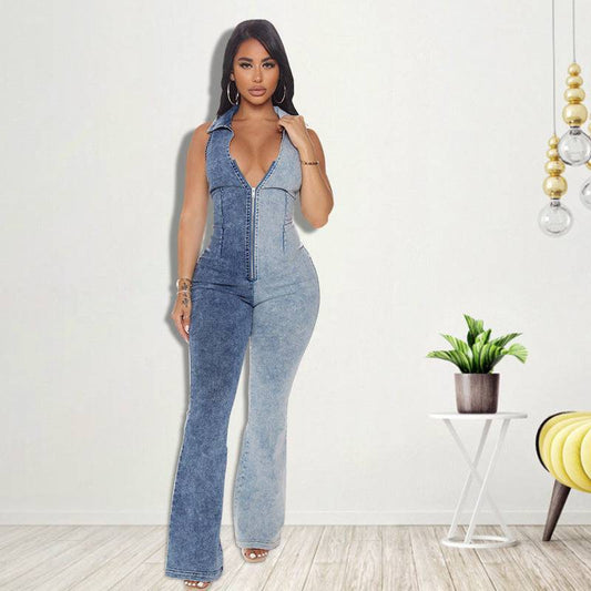 Sexy Denim Jumpsuit for Plus Size Women - Autumn Color Matching    