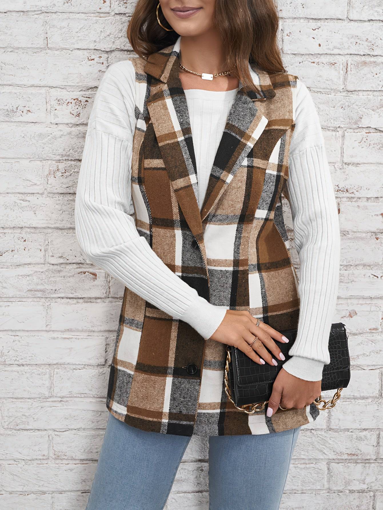 Women's Plaid Coat with Polo Collar and Single Breasted Design    