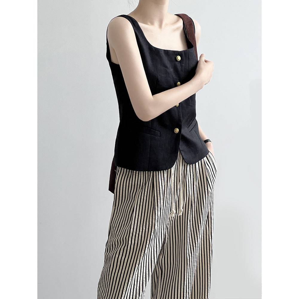 Retro Linen Women's Sleeveless Vest with Square Collar for Autumn    