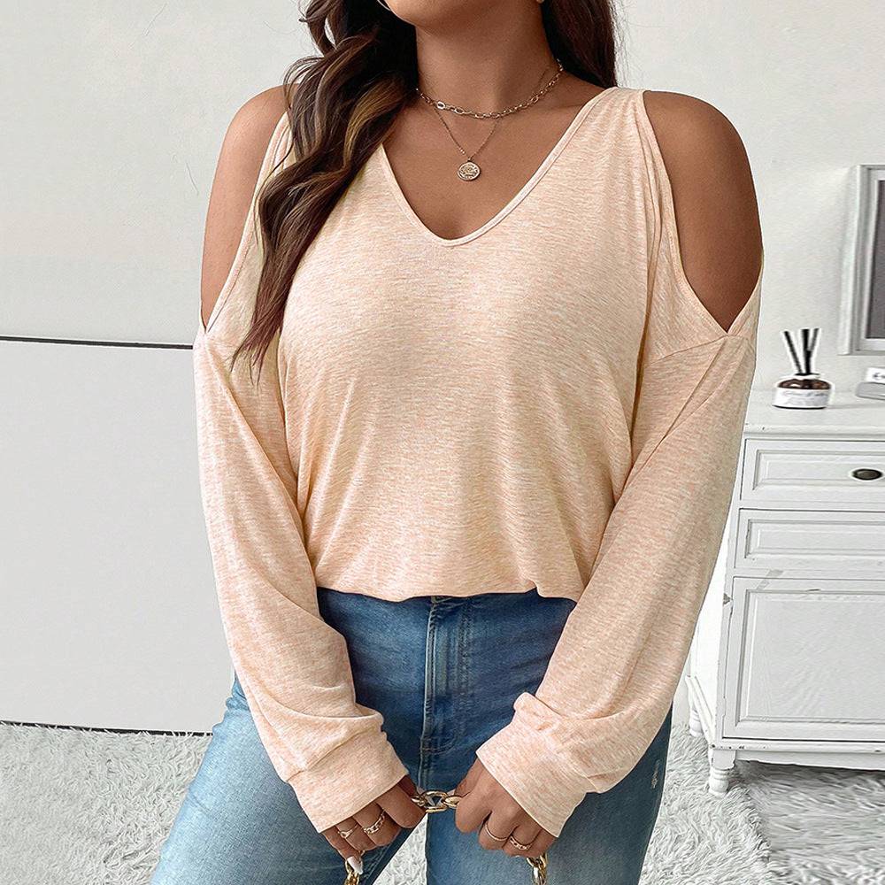 Stylish Plus Size Off-The-Shoulder V-Neck Long-Sleeved T-Shirt for Autumn and Winter    