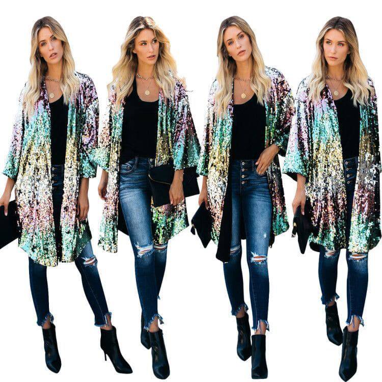 Sequined Print Polyester Trench Coat with Three-Quarter Sleeves for Women    