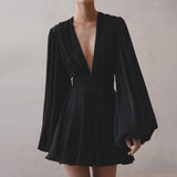 Spring Elegance Collection: Black V-Neck Puff Sleeve A-Line Dress with Abdomen Control    