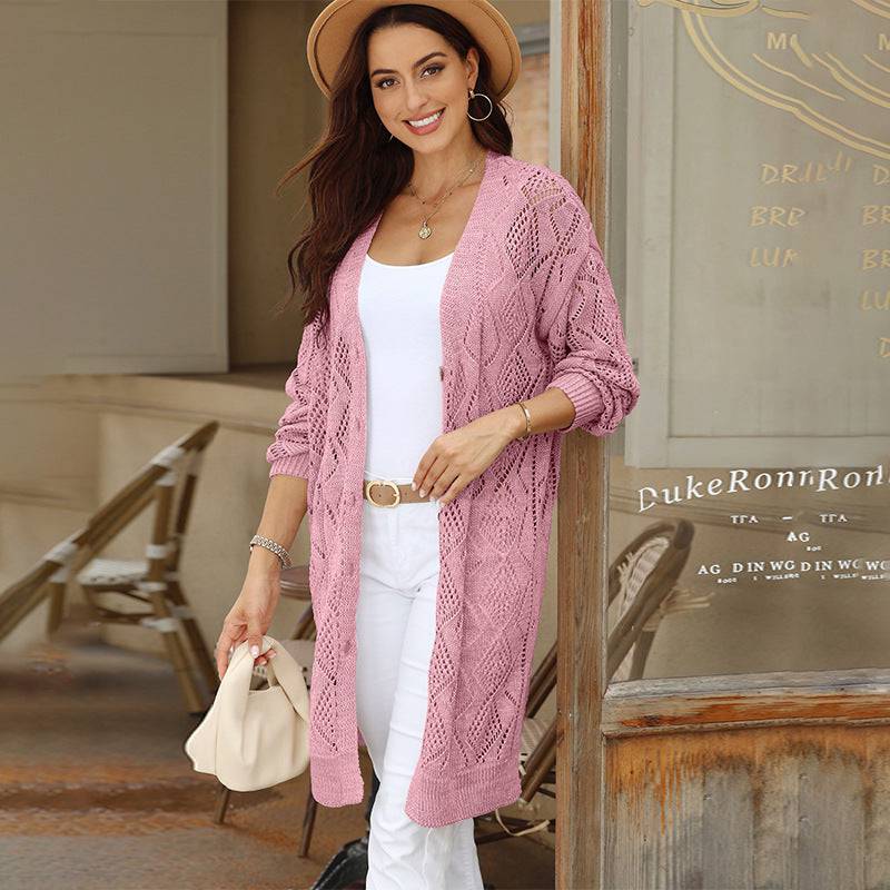 Elegant Solid Color Hollow Out Long Sleeve Cardigan for Women    