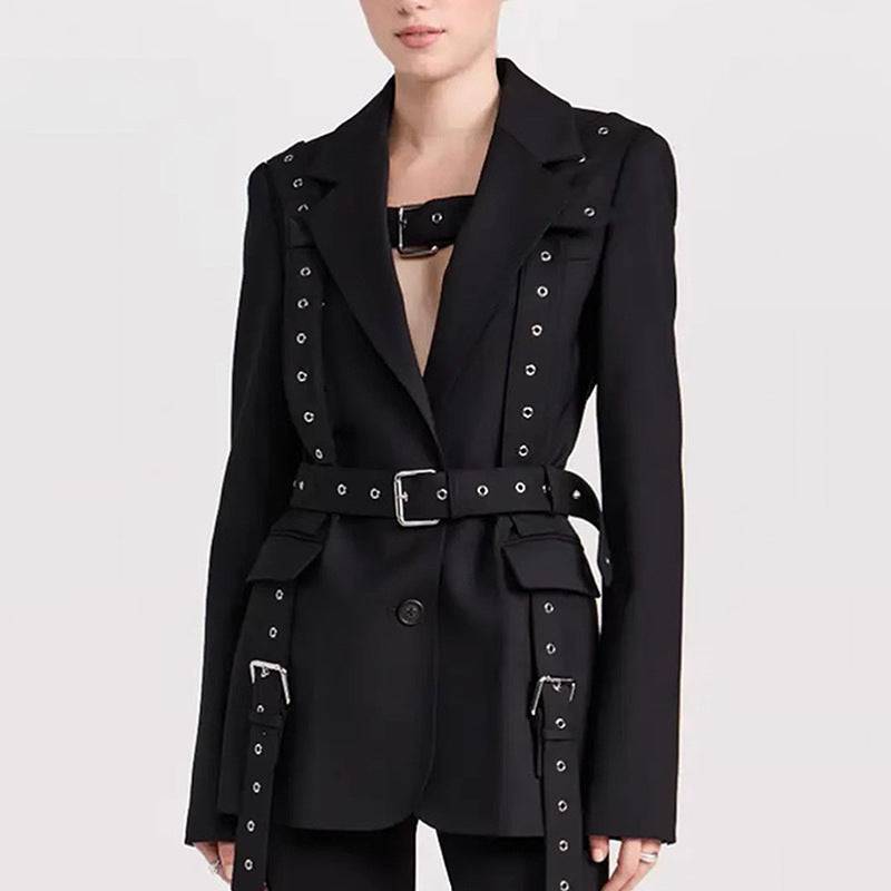 Rivet Buckle Slim Office Blazer with Chic Design for Women    