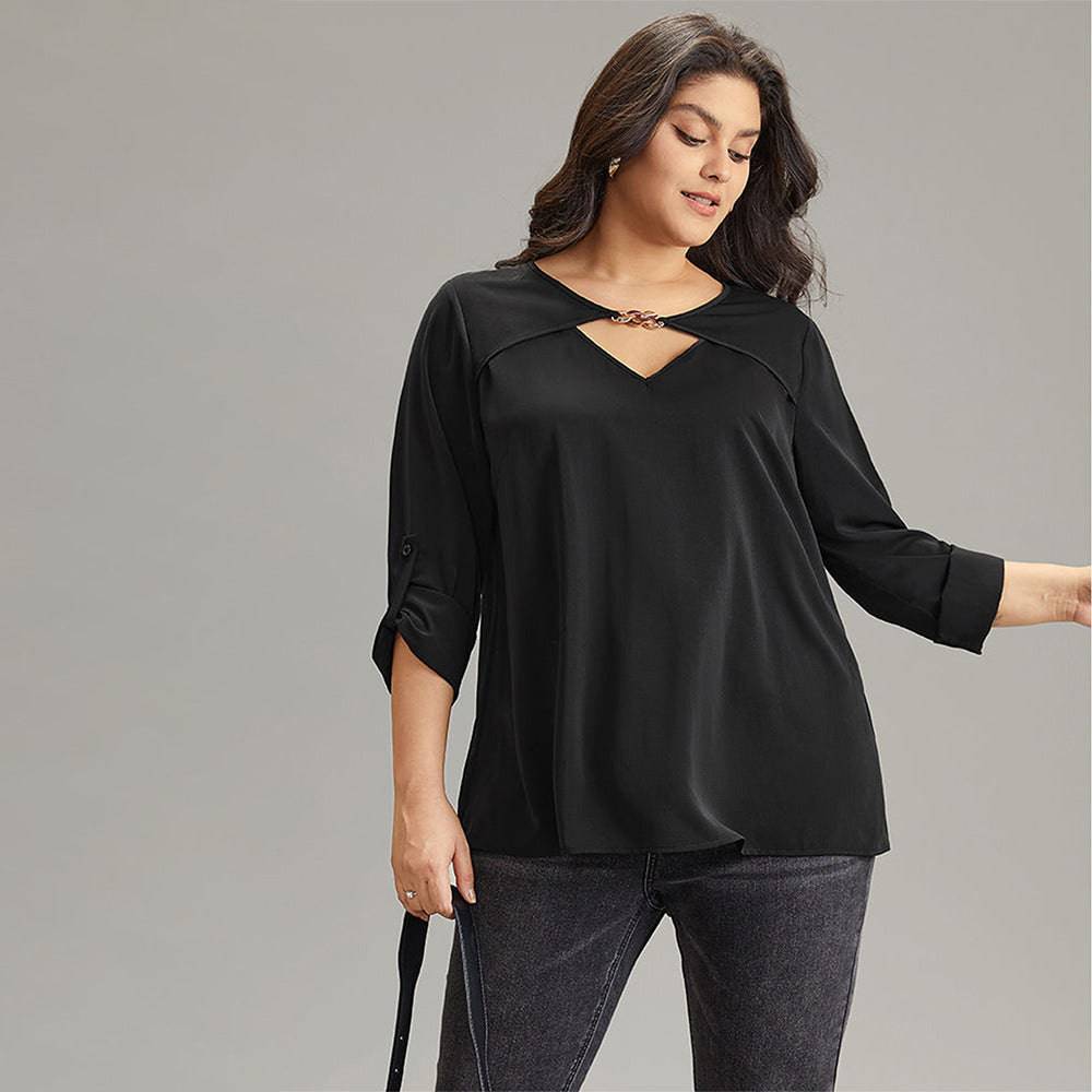 Elegant V-Neck Flared Sleeve Plus Size Office Top    