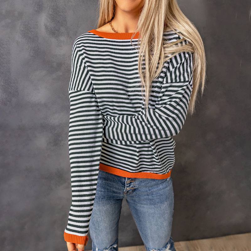 Stylish Off-Shoulder Sweater with Contrast Color Trim and Striped Pattern    