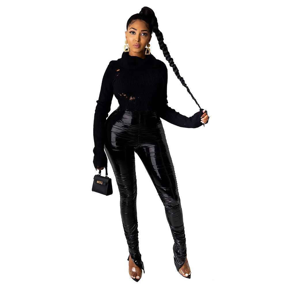 Stylish High-Rise Velvet Leather Pants with Ruched Details    