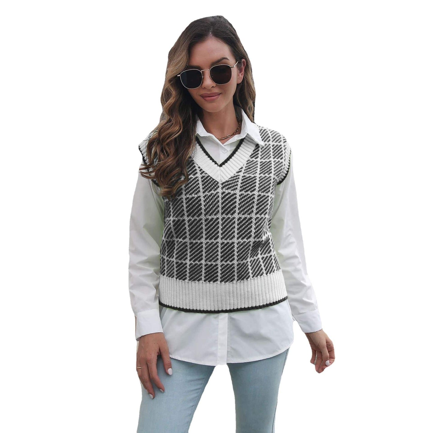 Plaid V-neck Vest Sweater - Versatile Autumn and Winter Knitwear    