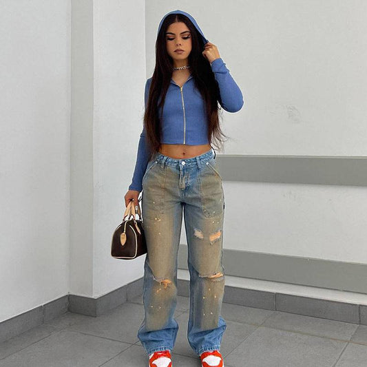 Retro Gradient High Waist Printed Denim Straight Pants with Pockets and Zipper    