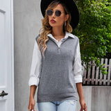 Versatile High-End Grey V-Neck Sweater Vest with Modern Zipper Detail for Fashion-Forward Women    