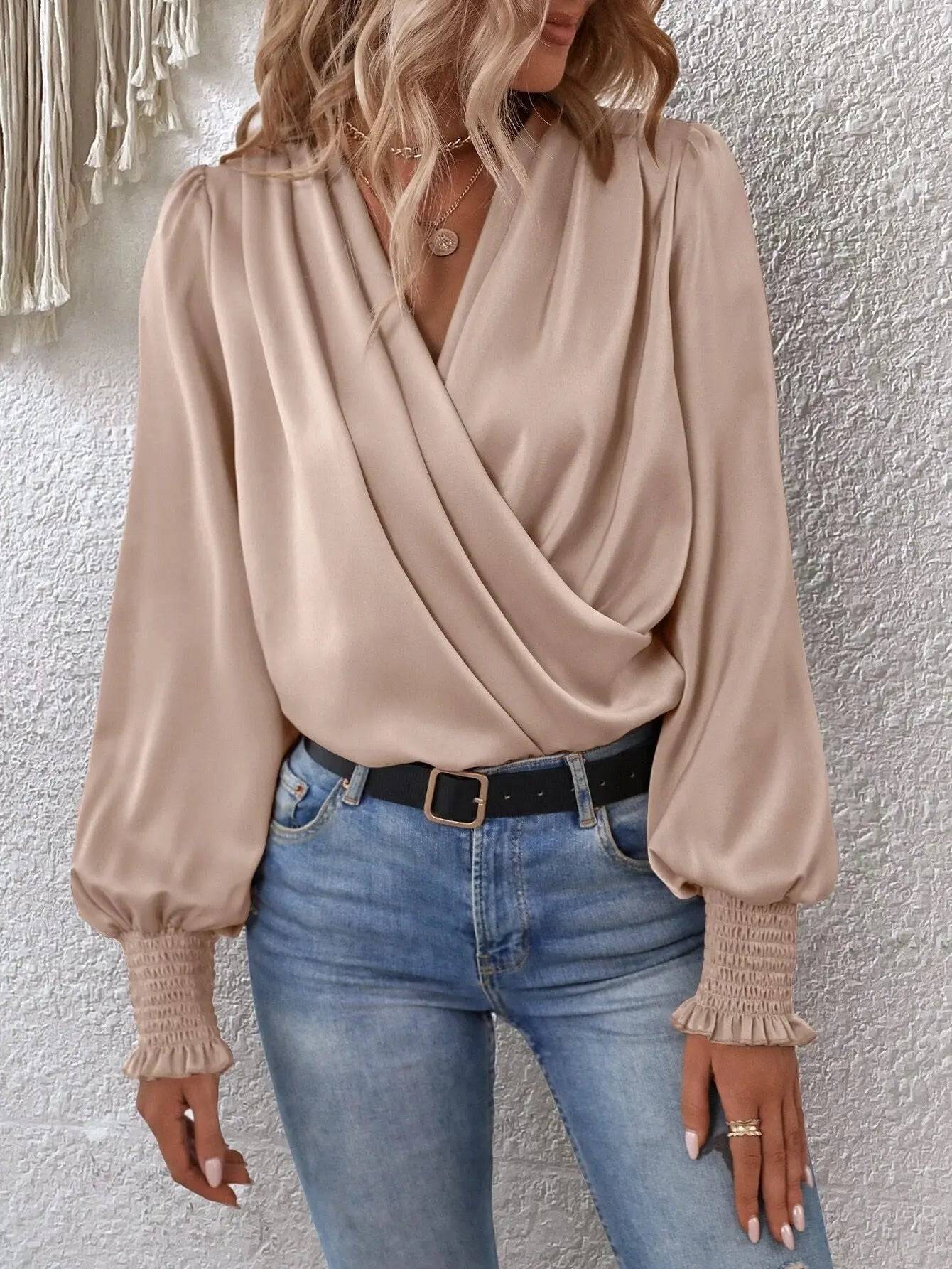 Elegant V-Neck Smocking Lantern Sleeve Office Blouse    