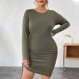 Elegant Irregular Asymmetric Drawstring Dress with Slim Fit Long Sleeves    