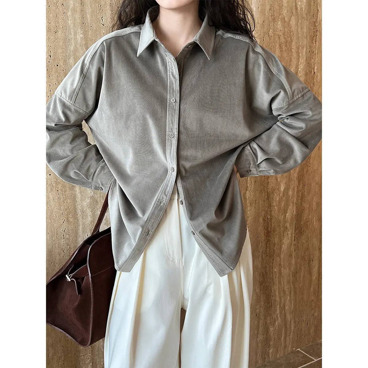 Japanese Minimalist Thickened Sanded Fabric Corduroy Shirt Women Fall Winter Inner Wear Bottoming Bandage Dress Shirt    