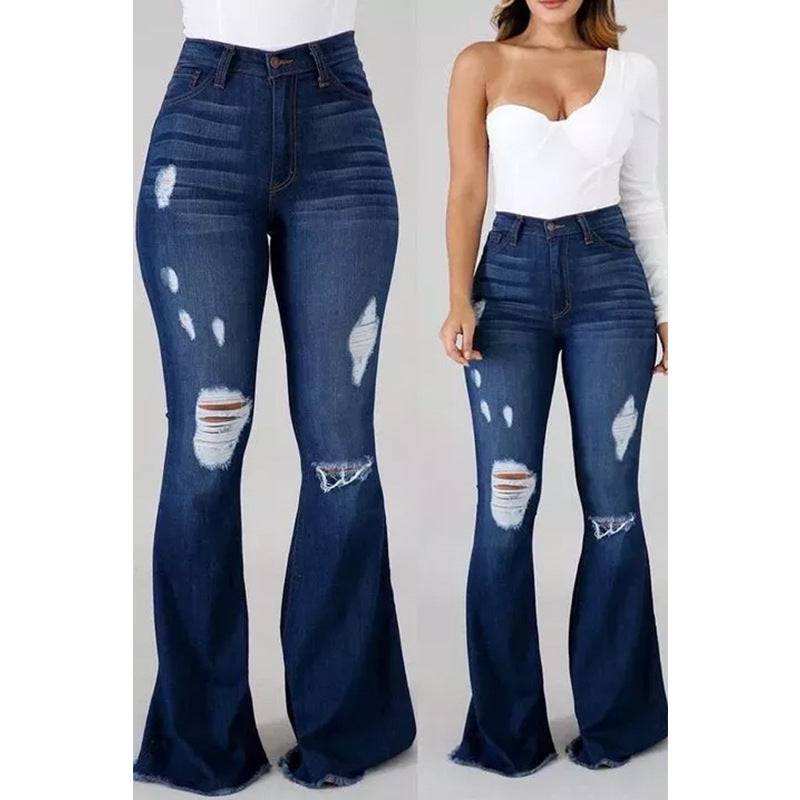 Internet High Elastic Ripped Jeans High Waist Flared Pants    