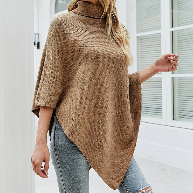 Trendy High Neck Solid Color Cape Sweater    