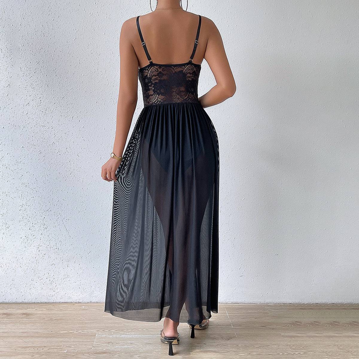 Maxi Dress Boning Corset See Through High Slit Pleated Party Strap Dress    