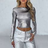 Metallic Coated Long Sleeve Top for Women - Stylish Slim Fit Crop with All-Matching Design    