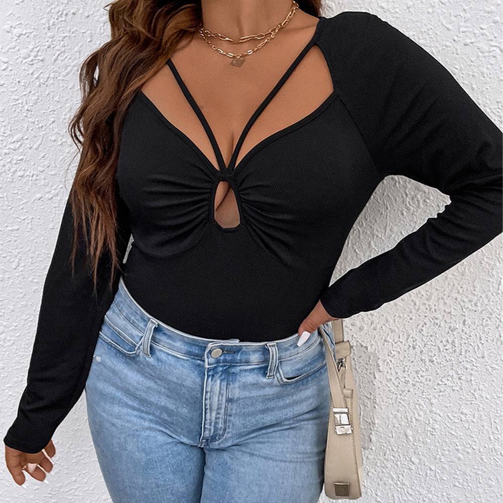 Knit Lace-Up Pleated T-shirt for Plus Size Women with Hollow Out Cutout    