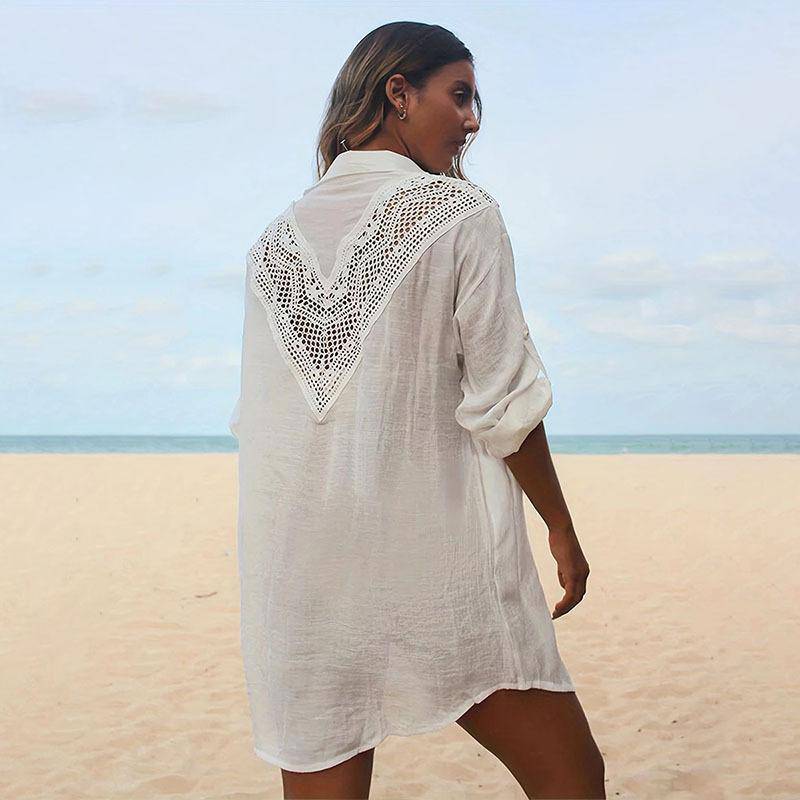 Lace Bamboo Shirt Beach Cover up Sexy Cutout Sun Protection Bikini Cover    